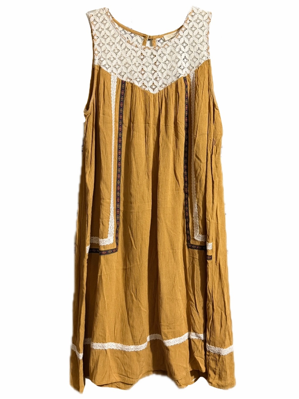 LN! Rewind Mustard Color Bohemian Midi Dress With Lace Trim Size Medium